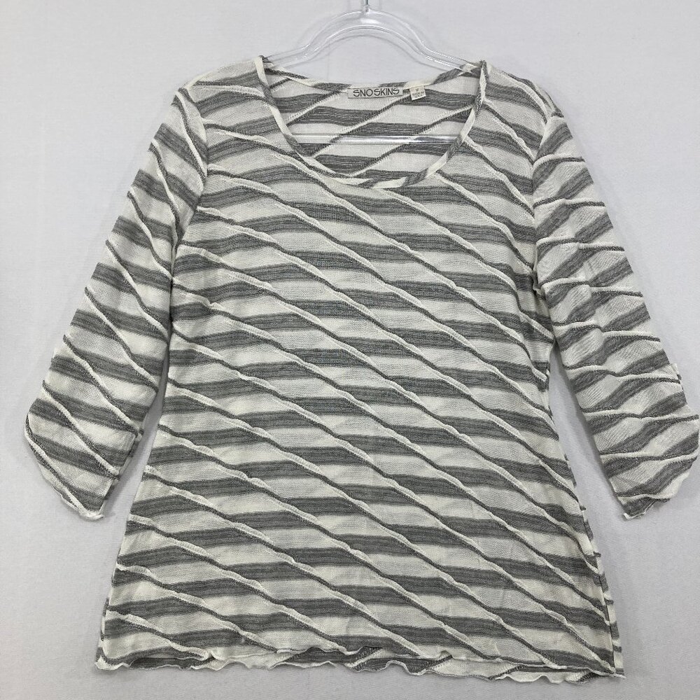 Snoskins‎ Medium Gray White Textured Knit Stretch 3/4 Sleeve Blouse Artsy